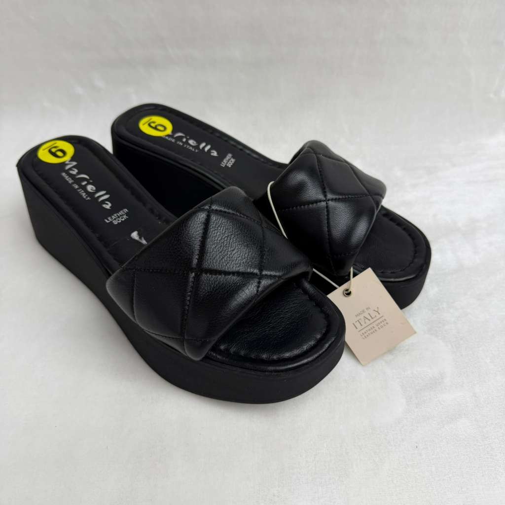 Mariella Women’s Wedge Heel Platform Quilted Leather Slide Sandals Black Sz 9