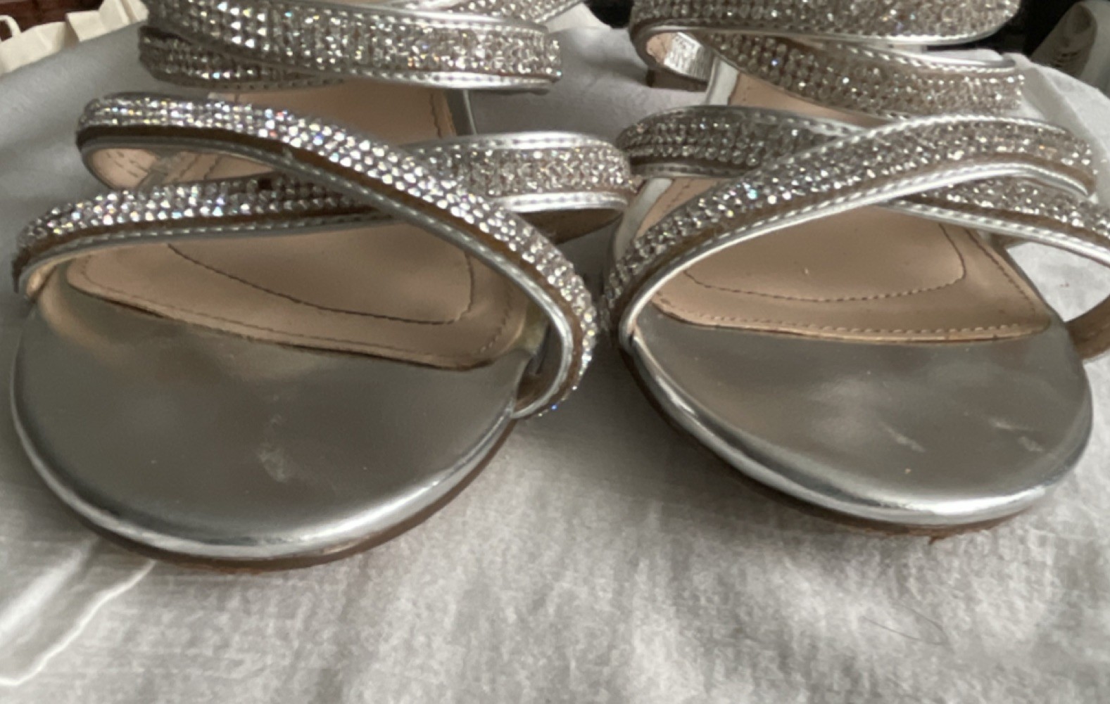 Touch of Nina Rhinestone Strappy Block Heel Sandals Silver