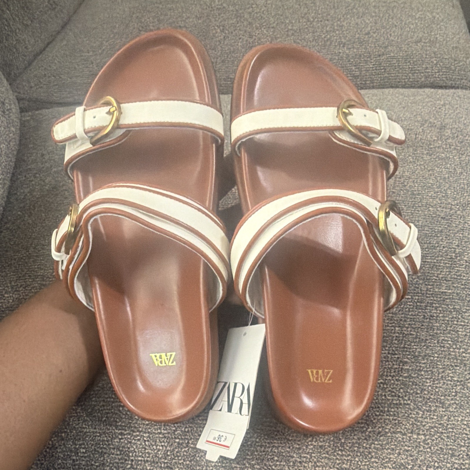 Zara Women’s Brown/White Strappy Open-Toe Slide Sandals Buckle Faux Leather 38