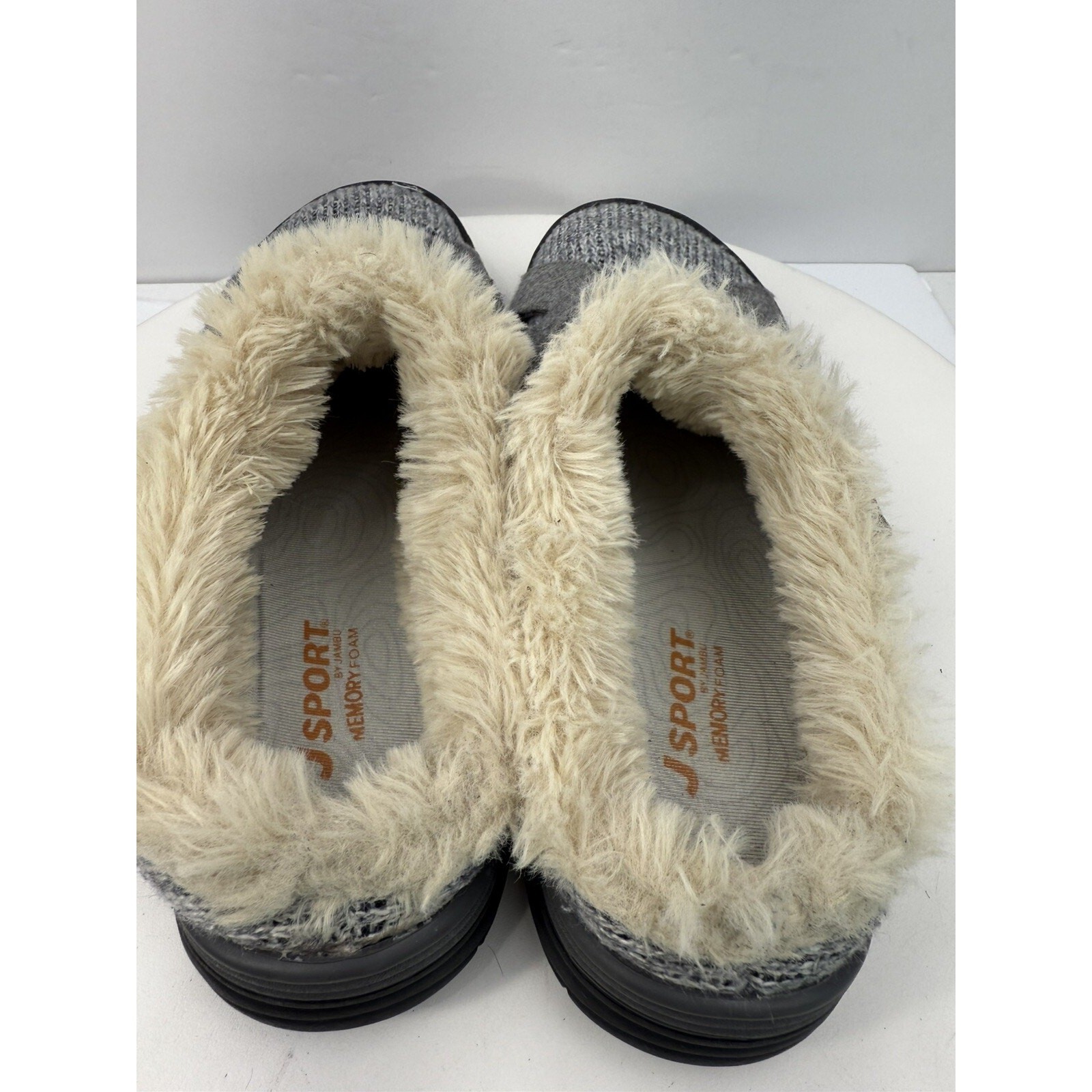JSport By Jambu Womens Sz 6 Memory Foam Brown Gray Tweed Faux Fur Slip On Shoes