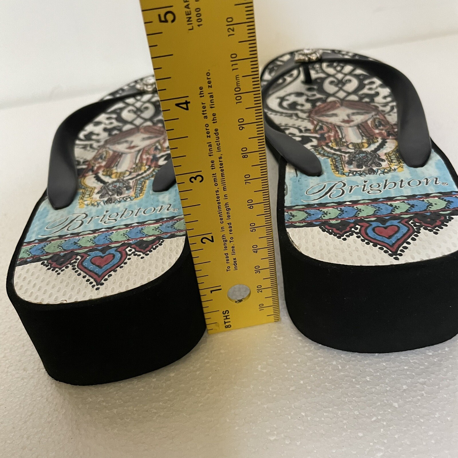 Brighton Flip Flops Wedge Thong Womens Size 10 Black White Blue rhinestone Lady