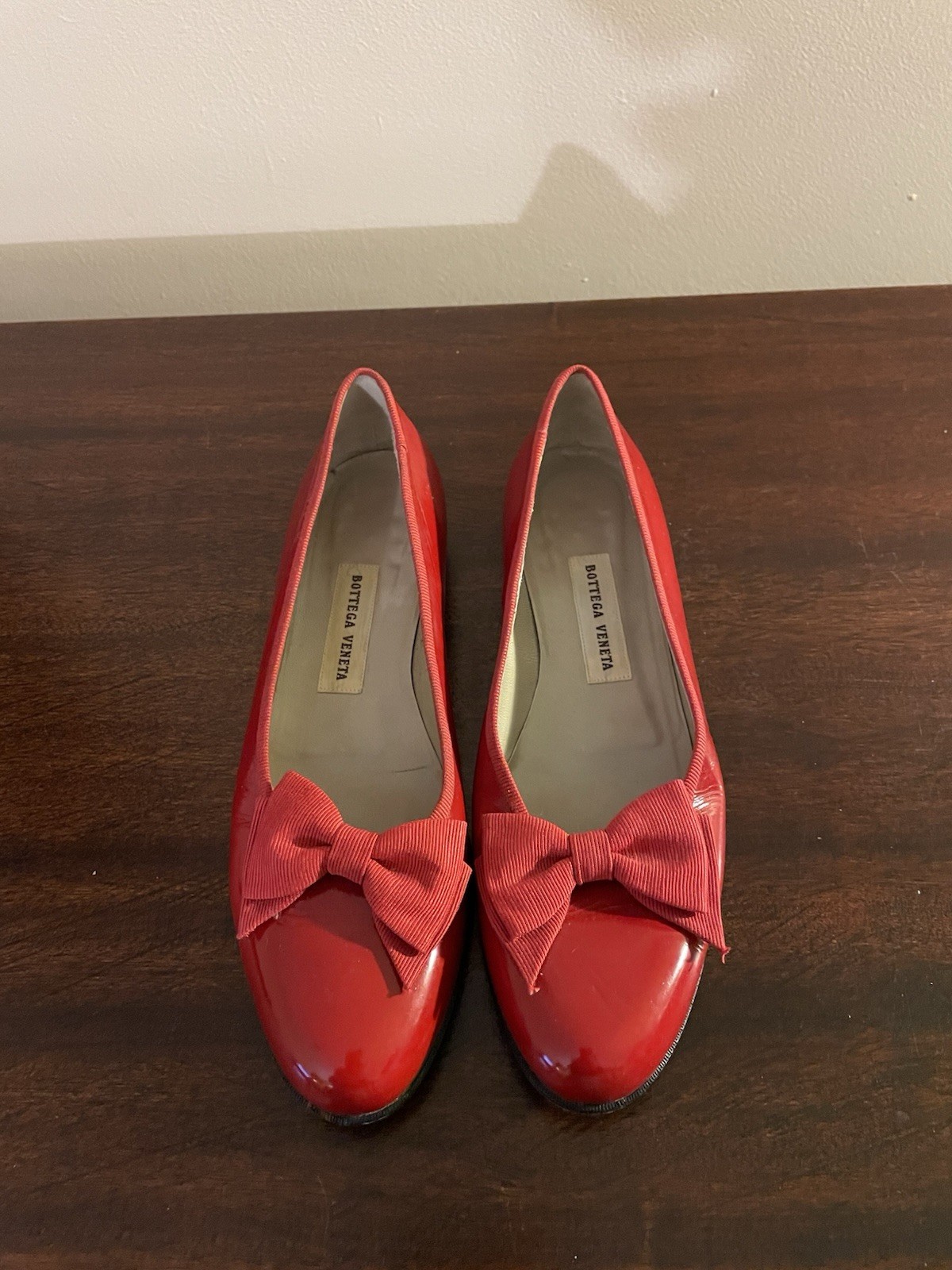 Bottega Veneta Red Patent Leather Ballet Flats Grosgrain Bow Size 7 1/2