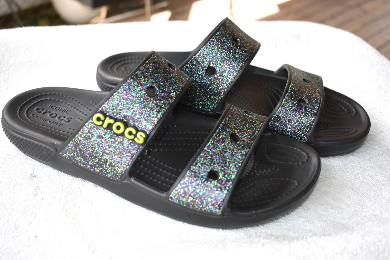 Crocs Classic Glitter Black Slides Sandals Size 8 Slip-on 2 Strap M8-W10 LOGO