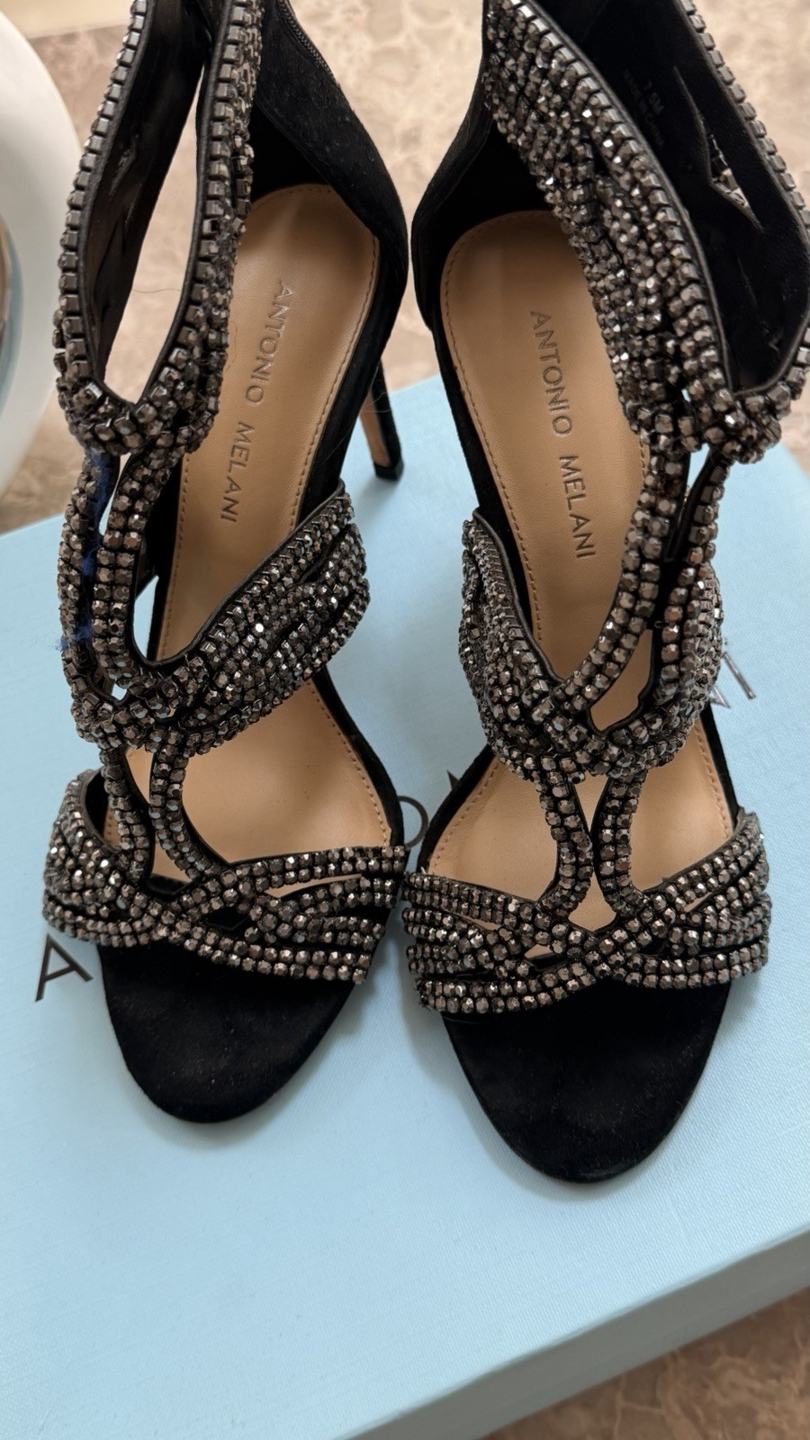 Antonio Melani Size 8.5 Black Suede Rhinestone Womens High Heel Sandal Stileto