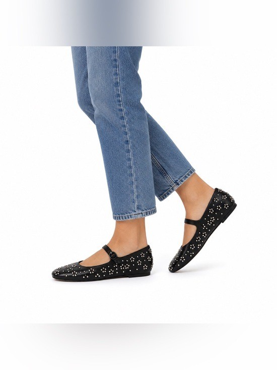 Larroude Blair Studded Black Leather Mary Jane Ballet Flats Womens Size 8.5