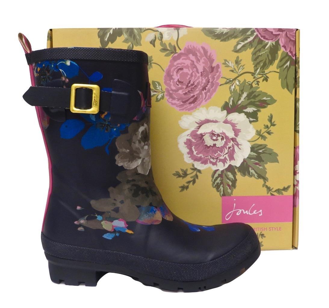 New NIB Joules Navy Blue Pink Floral Rubber Molly Mollywelly Rain Boots Rainboot