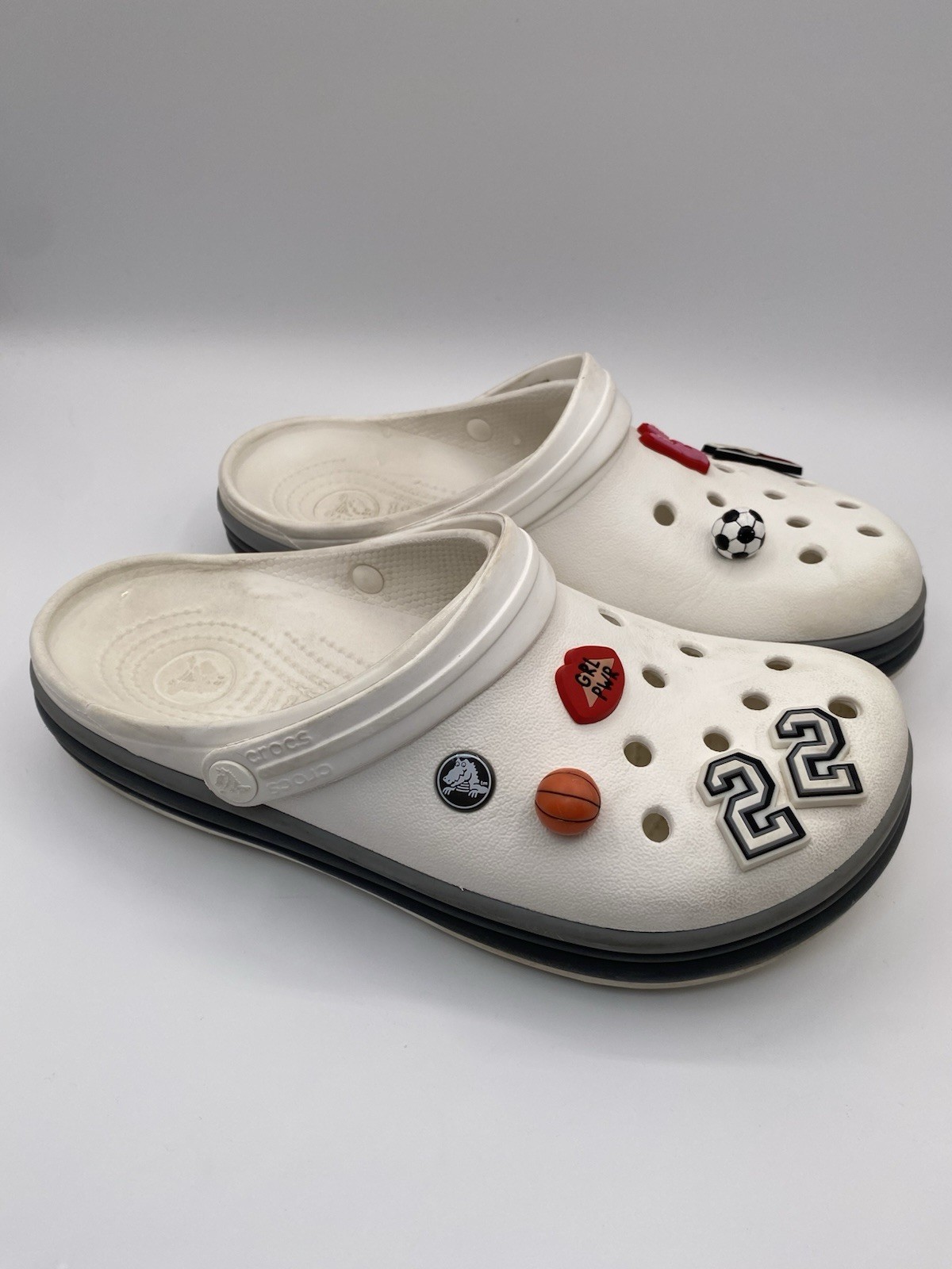 White CROCS Clogs w/ Sports Charms Unisex Women’s- 10 Men’s 8 Soccer Track
