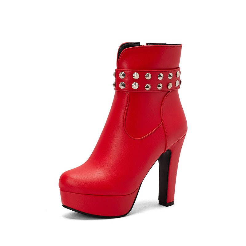 Womens Club Ankle Boots Block High Heels Platform Round Toe Zipper Rivets Shoes