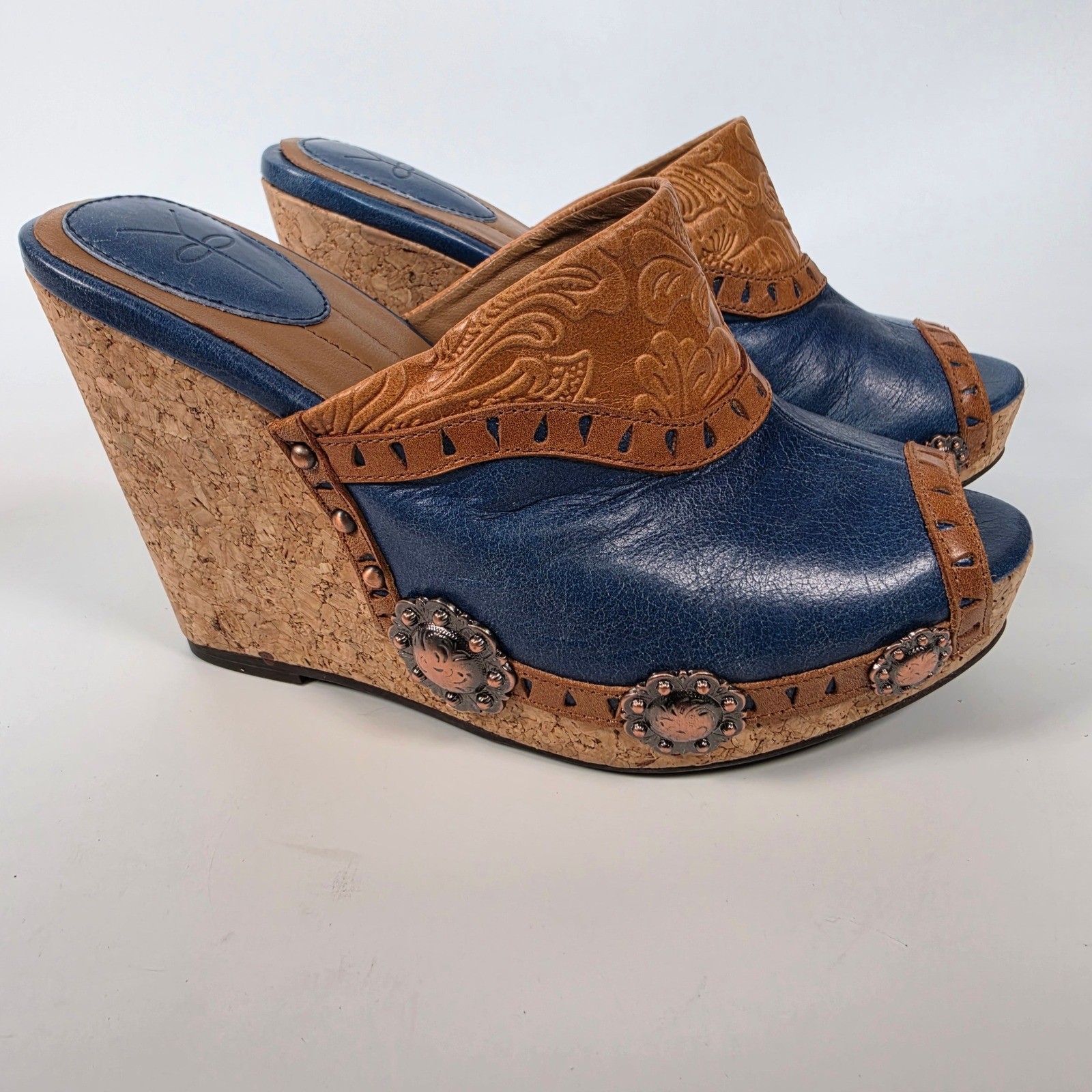 Y2K Saddle Up Wedge Mule Sandals Women’s 6 Blue Cork Western Concho