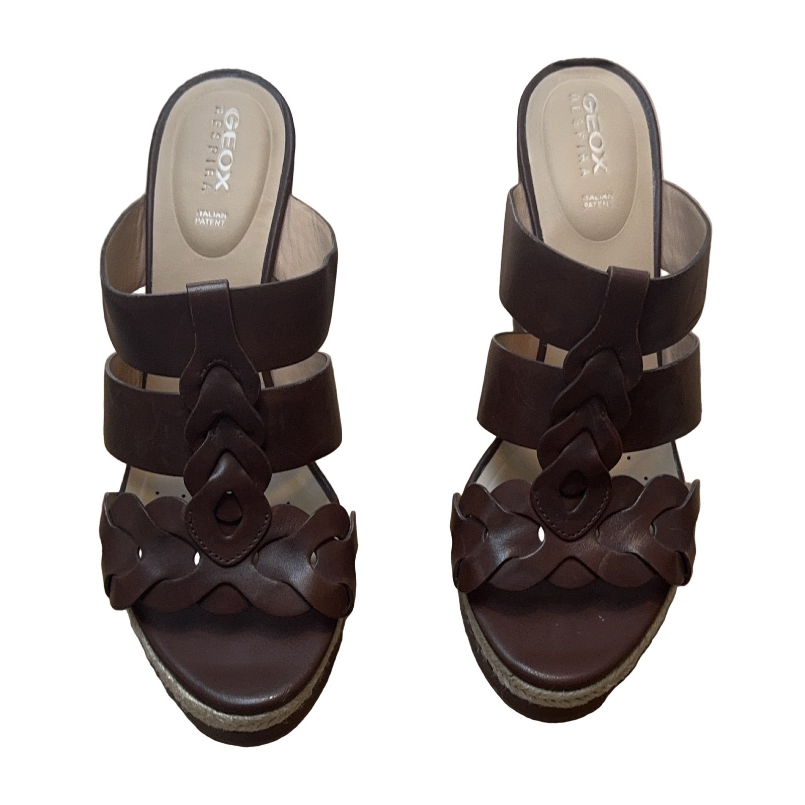 Geox Respira Wedge Sandals Women’s 39 Dark Brown Leather Strappy Espadrille