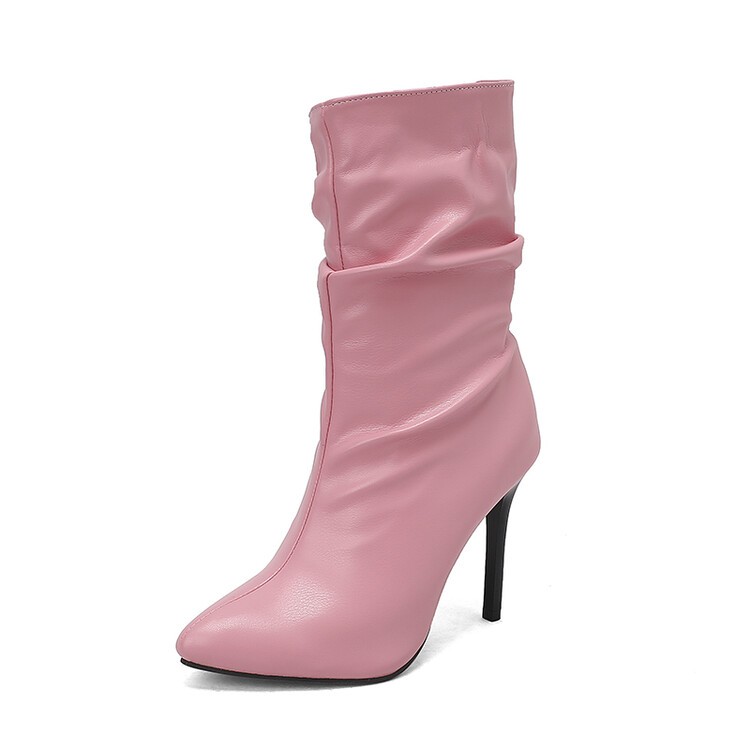 Women’s High Stiletto Heels Mid-calf Short Boots Casual Pleated Shoes Outdoor