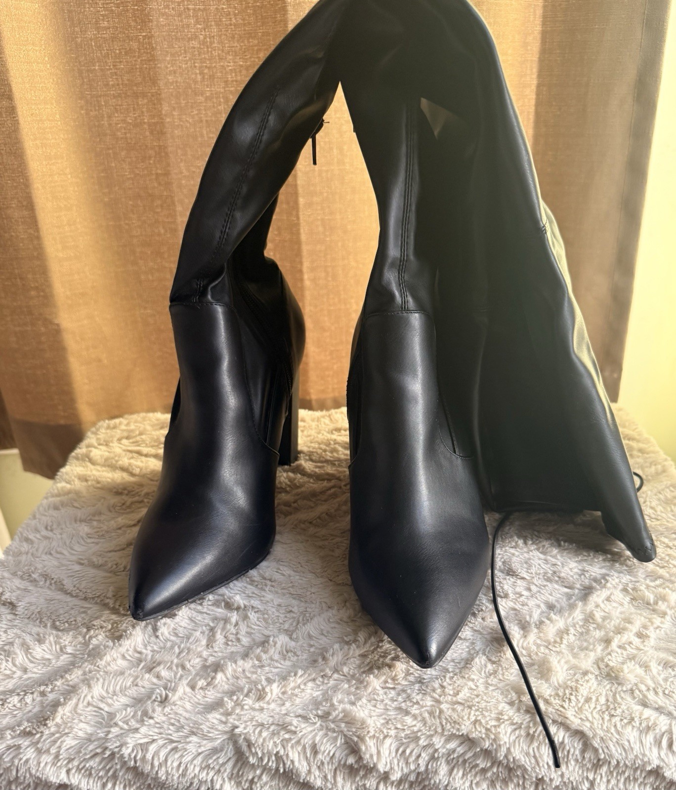 JustFab Women’s Black Over-the-Knee Faux Leather Pointed Toe Lace-Up Boots 9.5