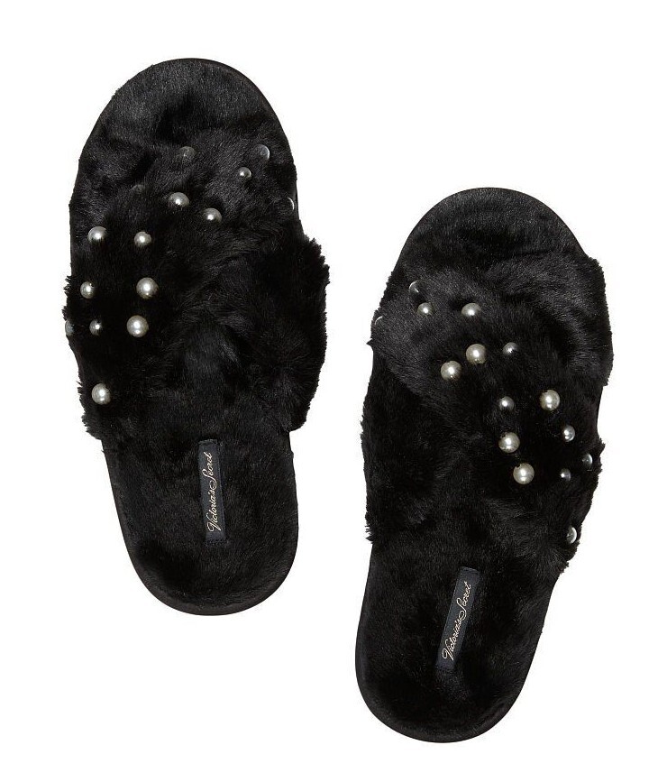 VICTORIAS SECRET SOFT PLUSH FAUX FUR CRISSCROSS SLIPPERS PEARL EMBELLISHED S M L