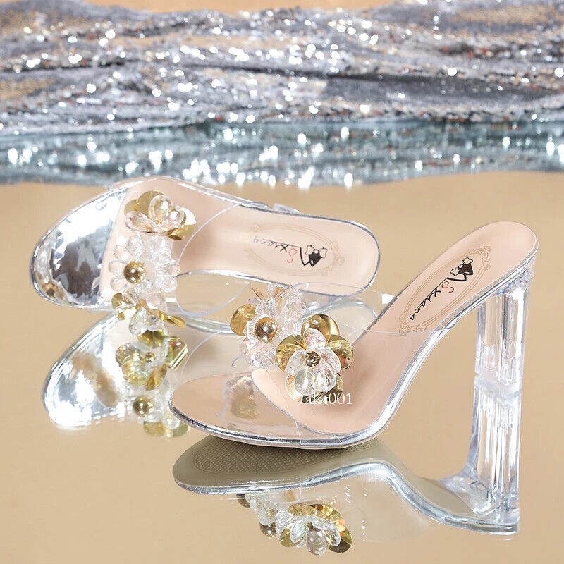 Women Clear High Heels Sandals Summer Transparent PVC Slippers Pumps Slides