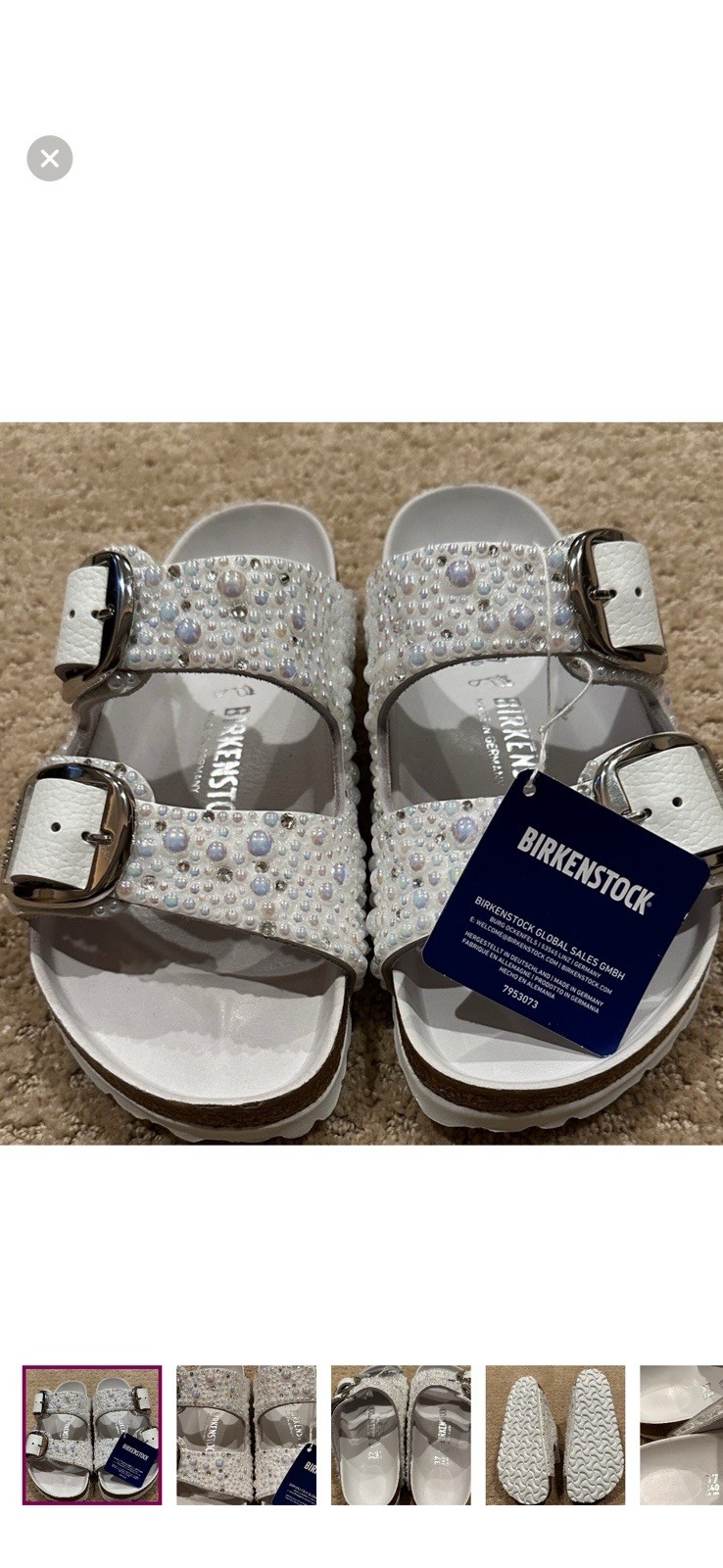 Birkenstock White Beaded Rhinestone Buckle Slide Sandals Size 37