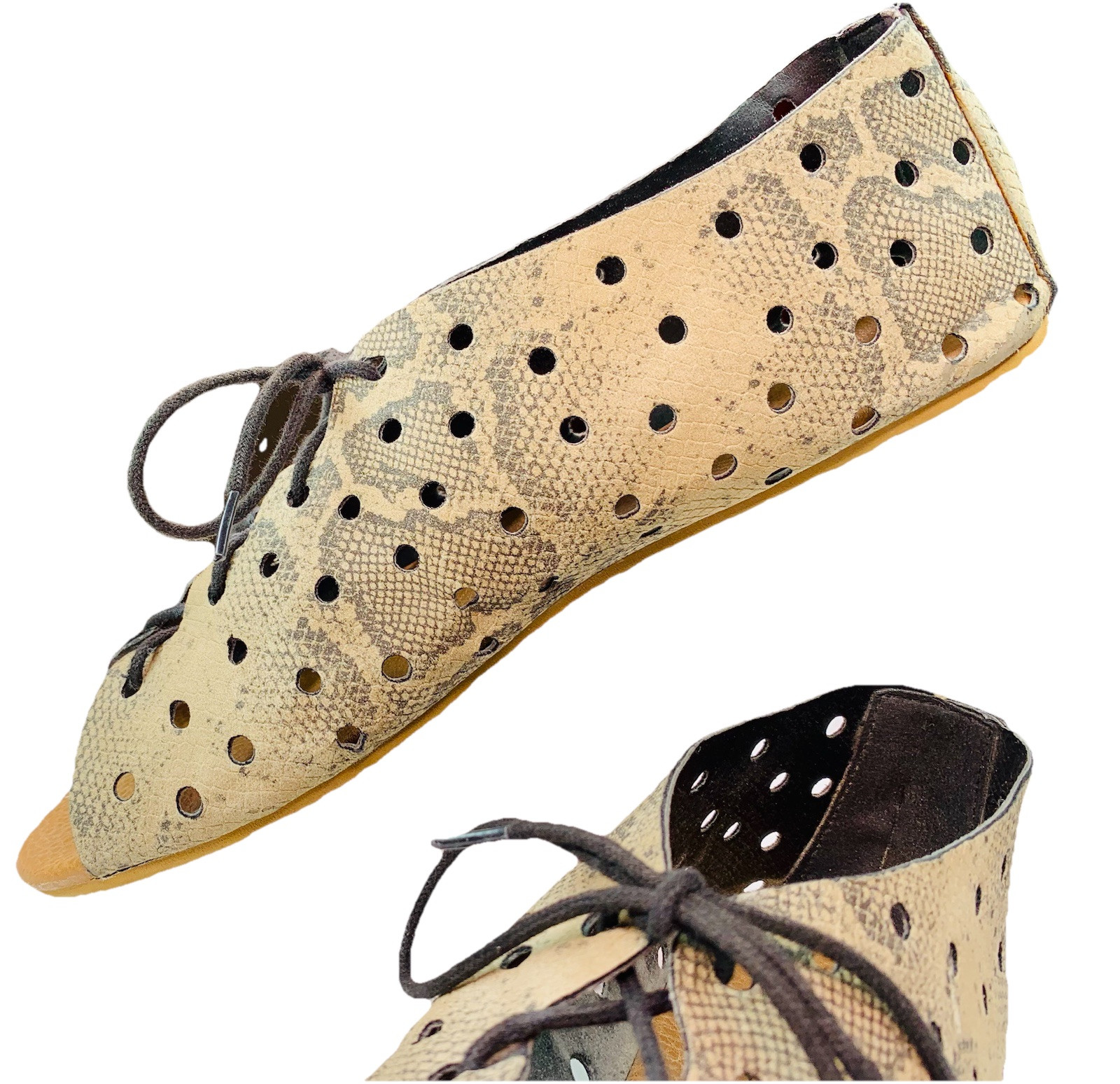 Volcom Open Toe Shoes Animal Print Flats Lace Up Eyelets Women’s 7 Unique Rocker
