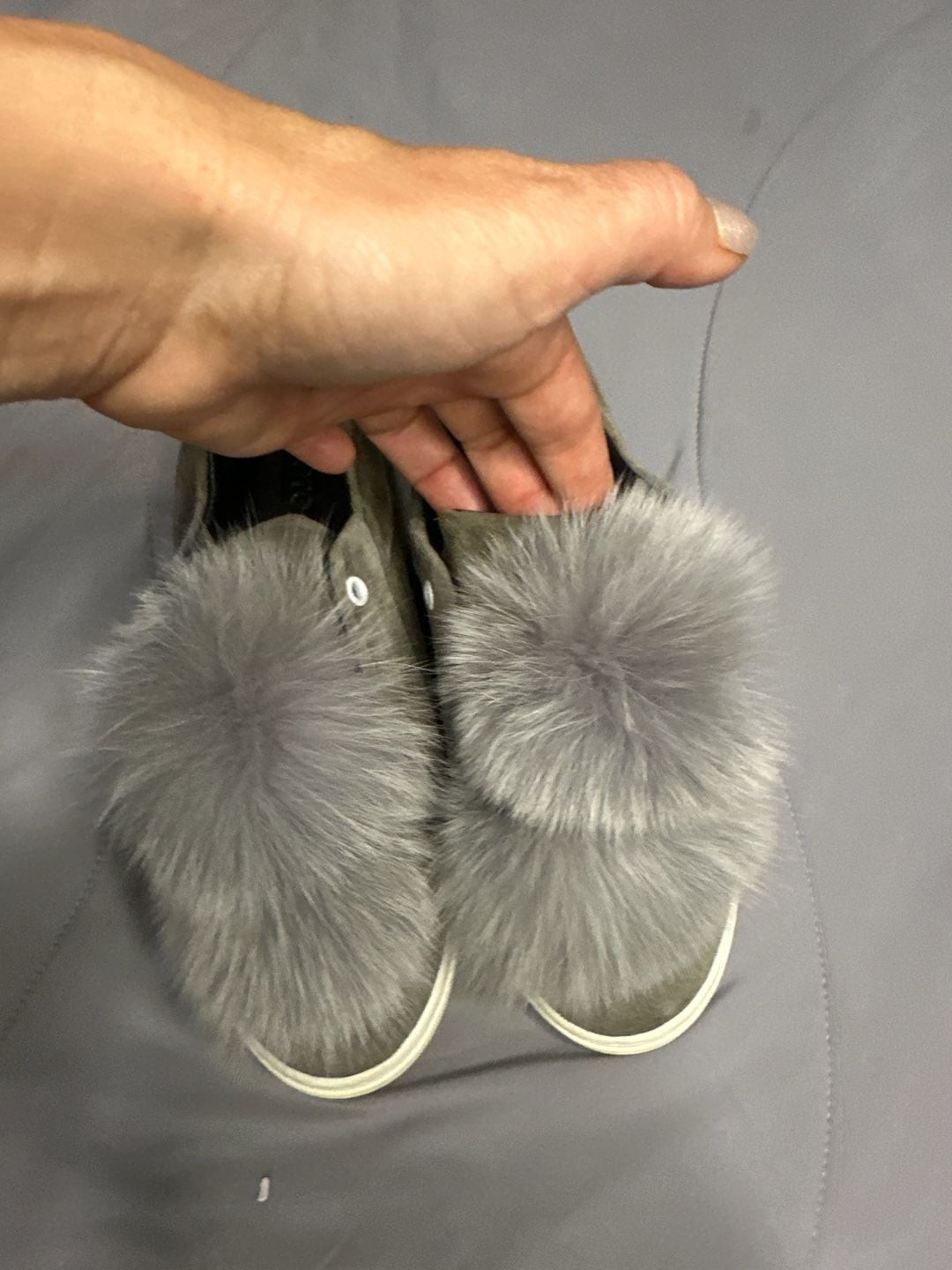 Here/Now Heather Gray Suede Slip-On Sneakers with Fox Fur Pom Poms