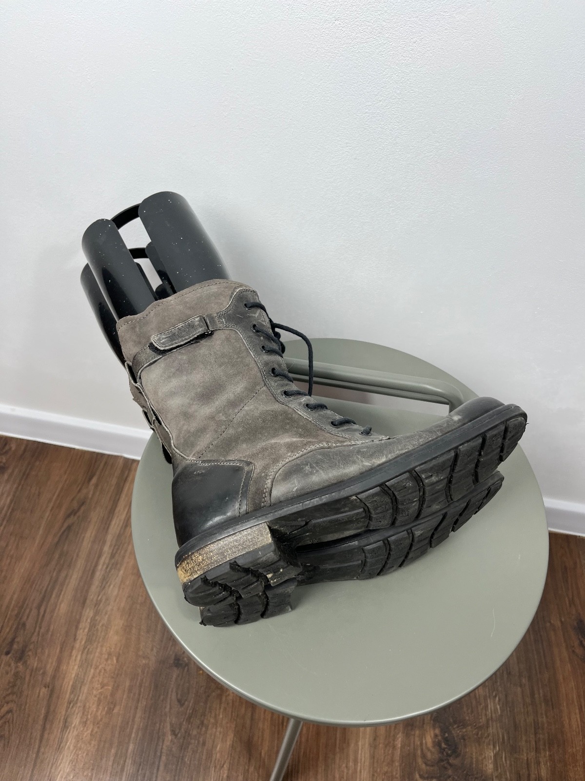 Gray Distressed Combat Lace-Up Zip Boots Avant-Garde Style EU 39