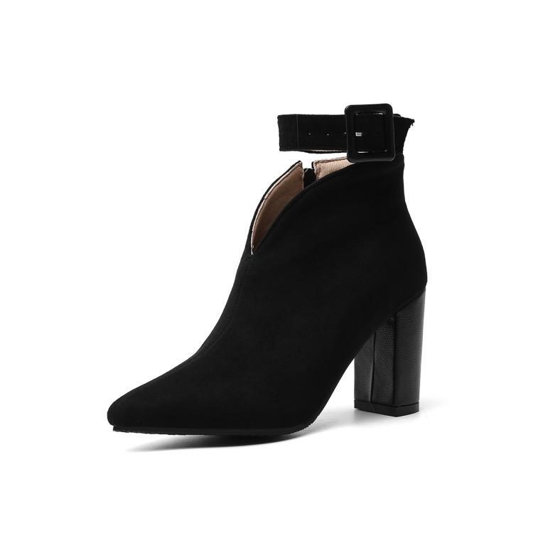 Suede Pointy Toe Ankle Boots Womens Block Heels Buckle Casual Side Zip Shoes