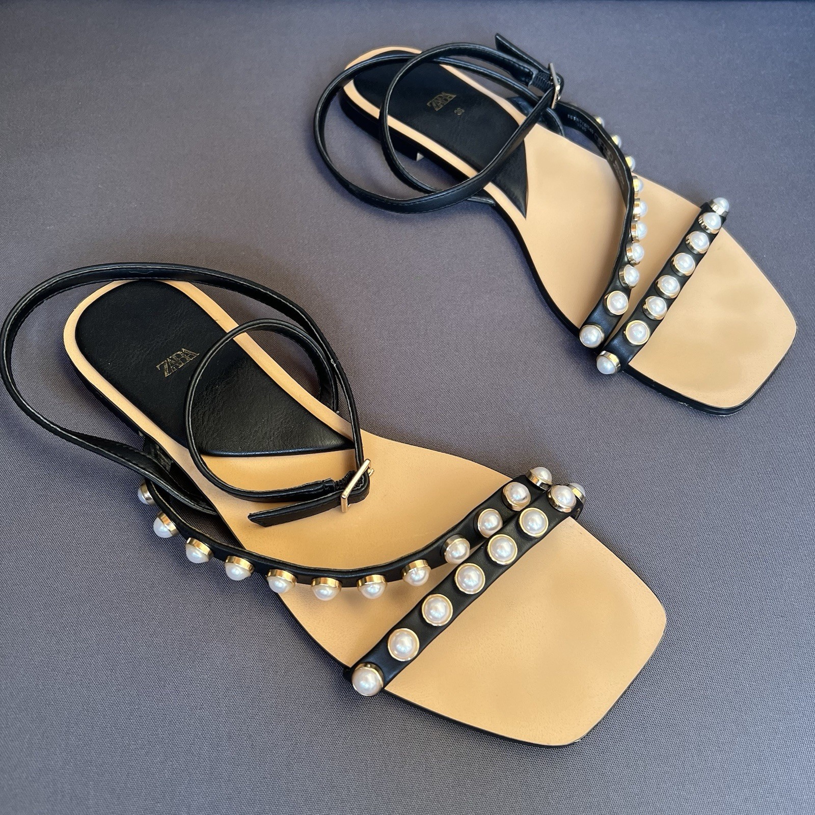 Zara Pearl Studded Flat Strappy Sandals Sz 36 US 6 Black White Gold Chic Wedding