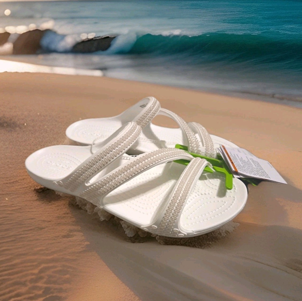 NWT💕 Size 9 Crocs White Getaway Gems Strappy Womens Sandals Shoes Slide On