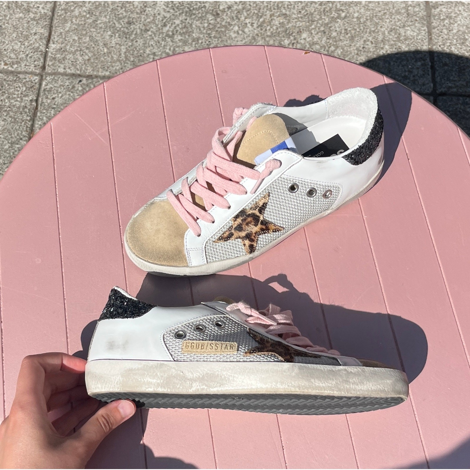 GOLDEN GOOSE White Superstar Leopard Horsy Star Glitter Heel Shoes w/Box Size 36