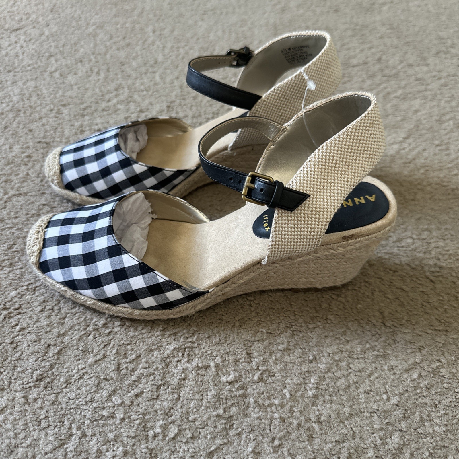 Anne Klein iflex Black White Gingham Check & Straw Wedge Slingback Size 6.5M