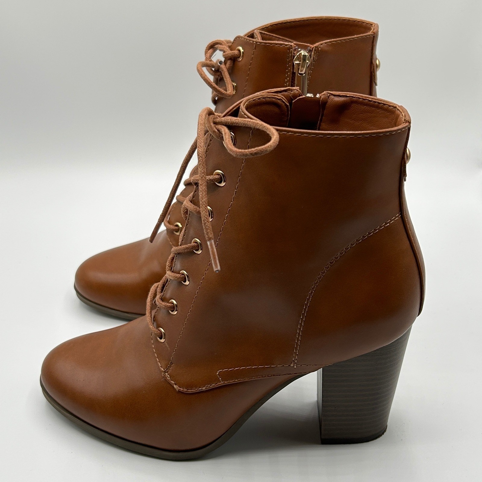 XAPPEAL Karen Lace Up Ankle Boots Block Heel Brown Faux Leather 8.5M Fall
