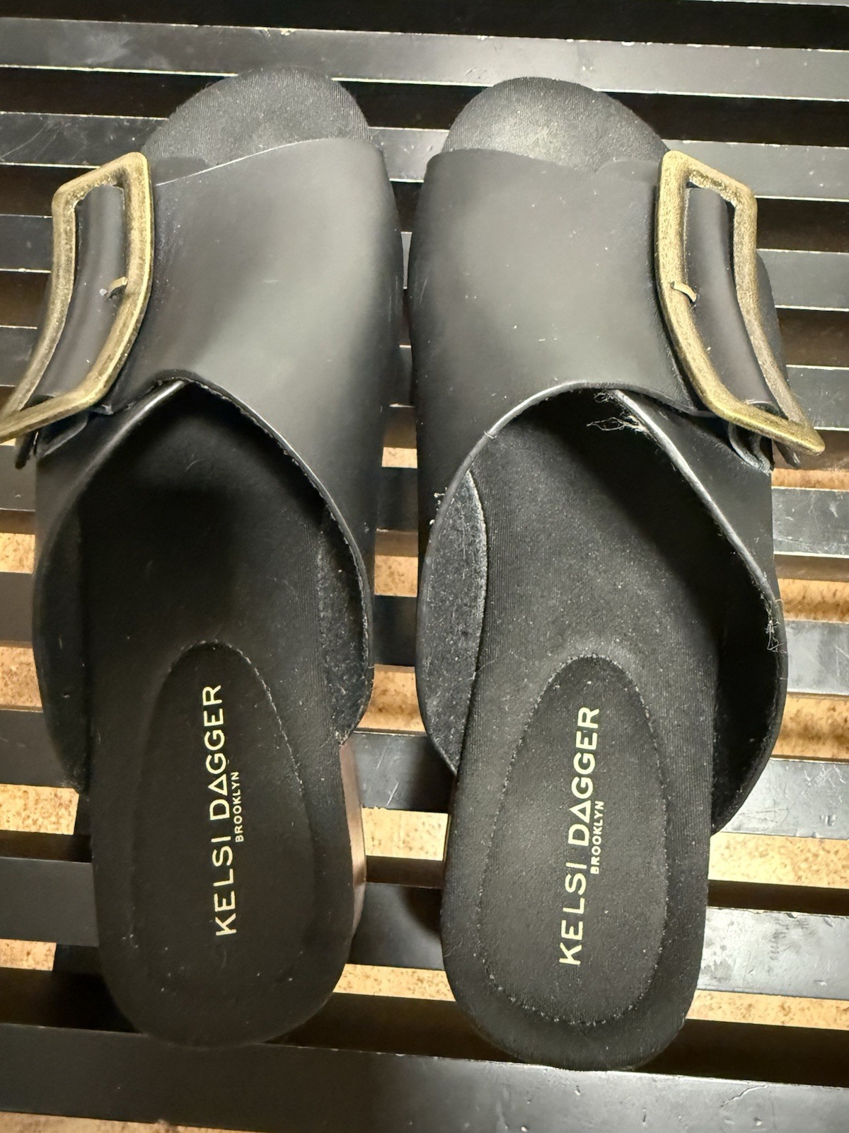 Kelsi Dagger Brooklyn Women’s Black Leather Slide Sandals with Buckle 7.5 M