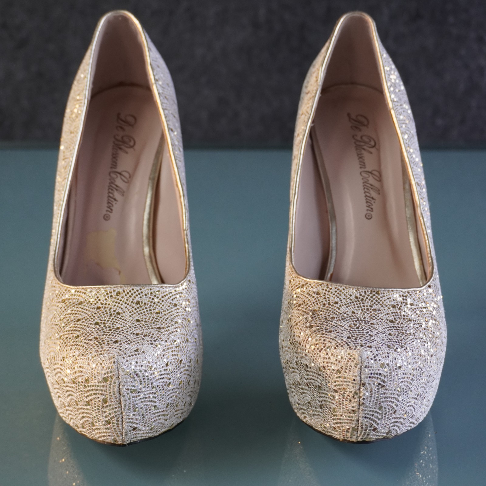 De Blossom Collection Gold Glitter Platform Pumps Heels Size 10 Wedding Prom