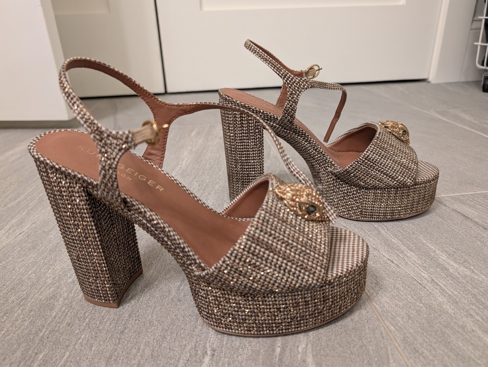 Kurt Geiger London Kensington Platform Sandals, Beige/Brown Houndstooth Crystals