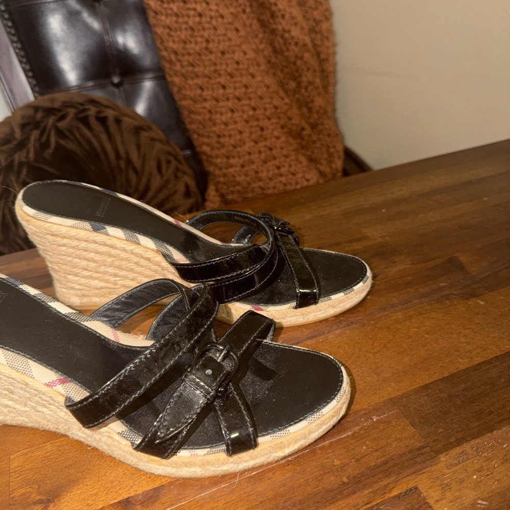 Burberry Nova Check Espadrille Wedge Sandals Black 39