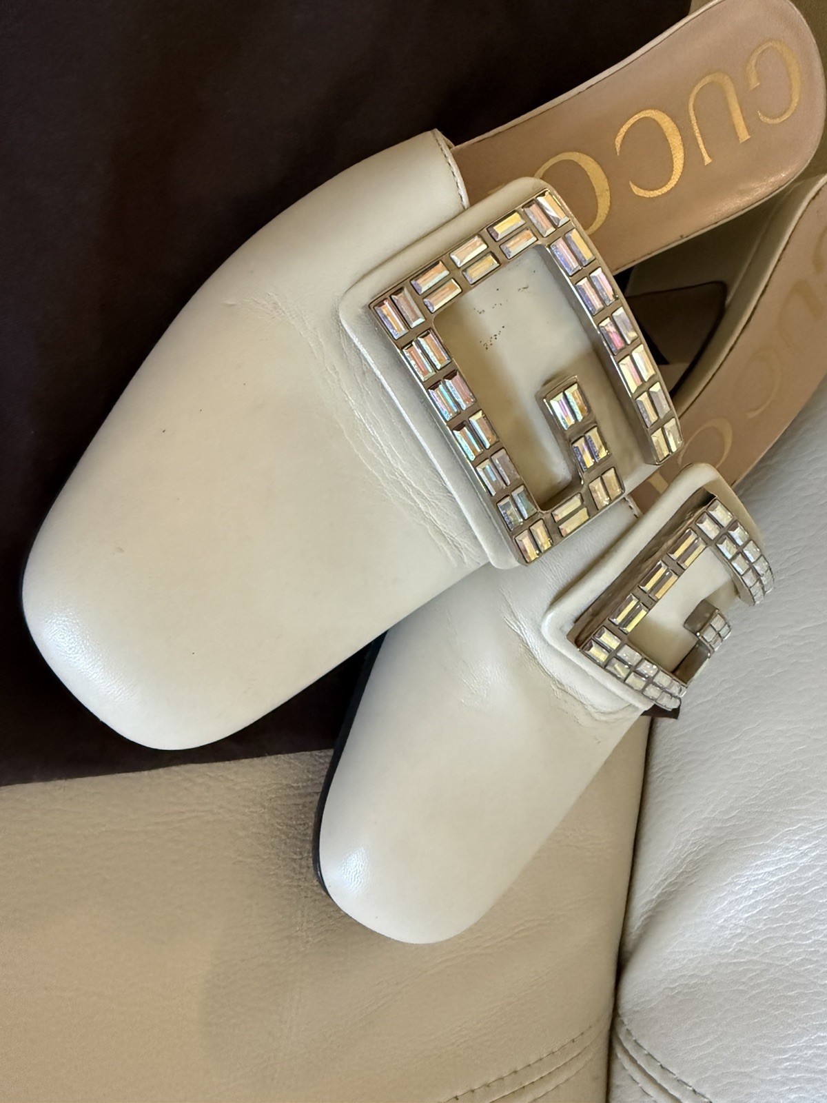 Gucci Madelyn Crystal Square G Logo Ivory Leather Mules Slides Heels Size 37.5