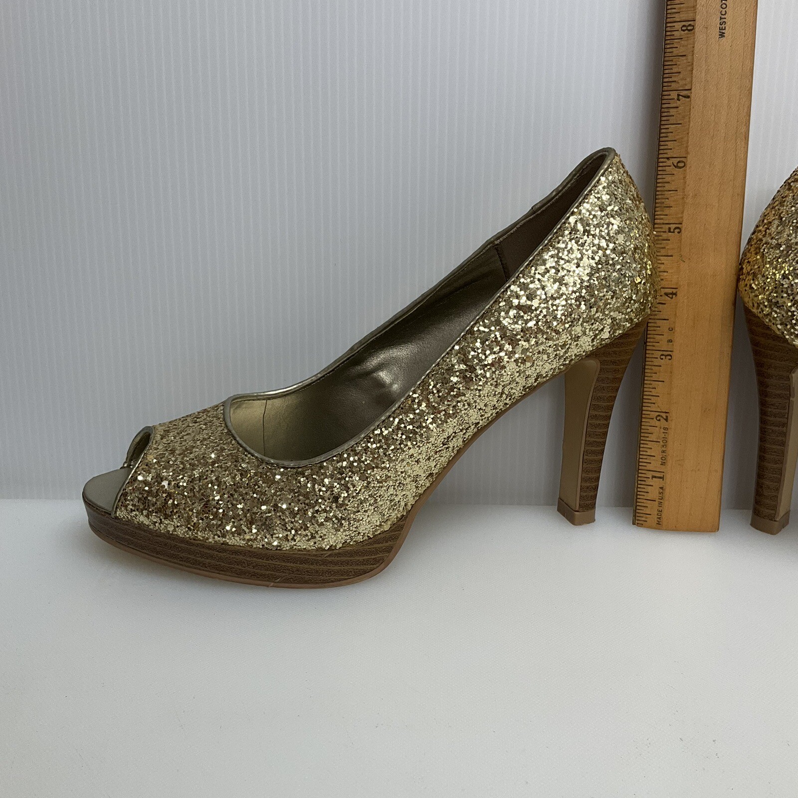 FIONI sz 8 Peep Toe Sparkle Gold Glitter Platform Cocktail Party Heels