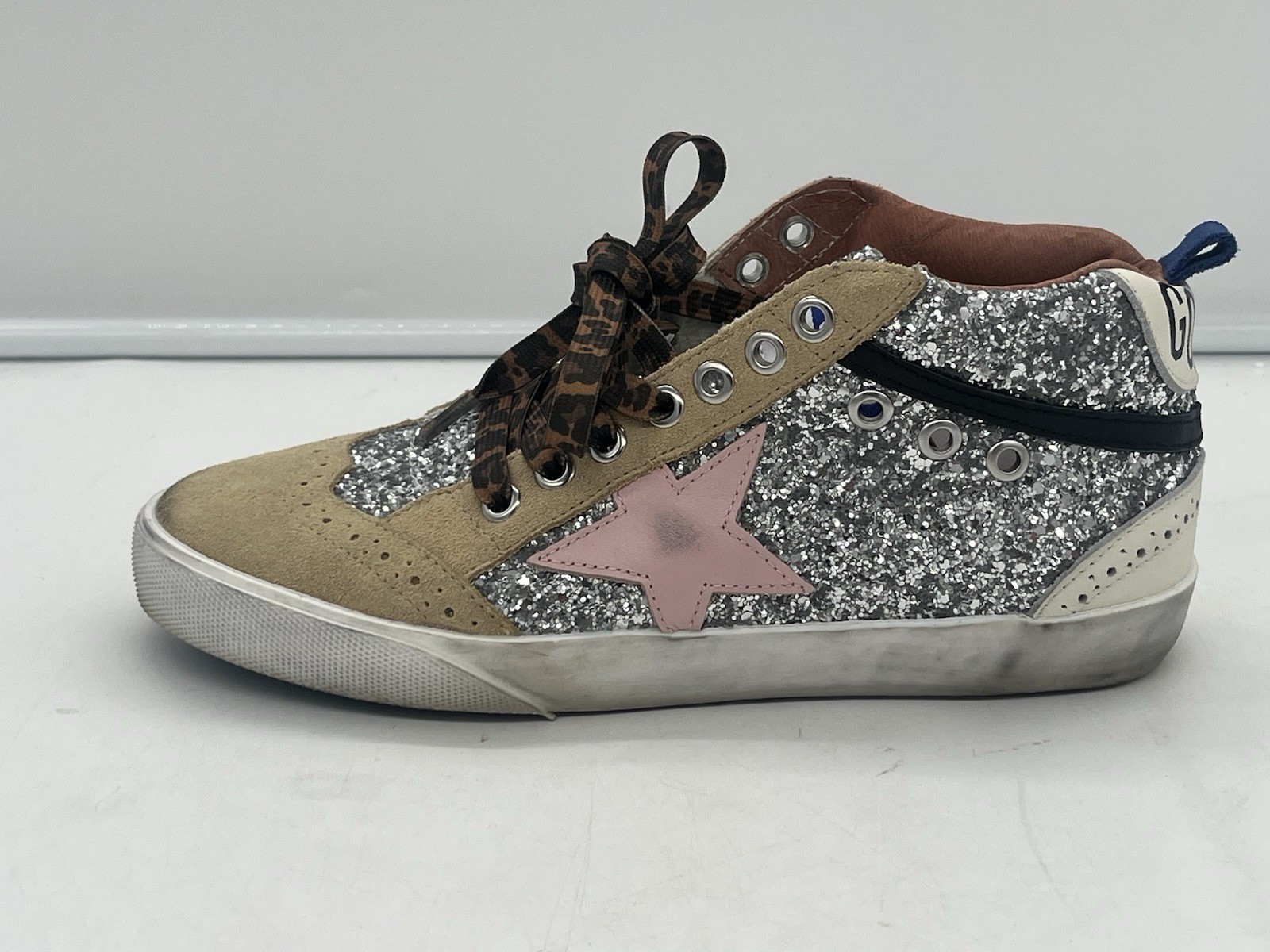 $750 Golden Goose Mid Star Glitter Covered Mid Top Sneakers Silver Size 37 / 7