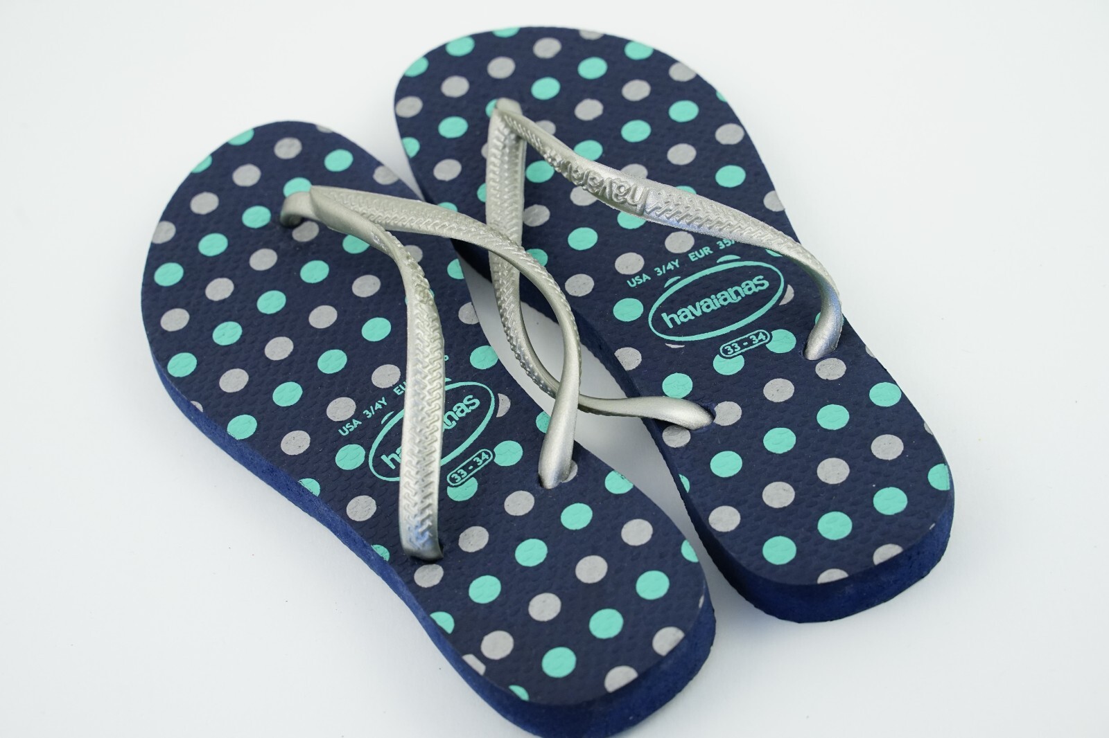 Blue/Teal Green Silver Poka Dots Havaianas USA 3/4Y Sandals EUR 35/36 (33/34)