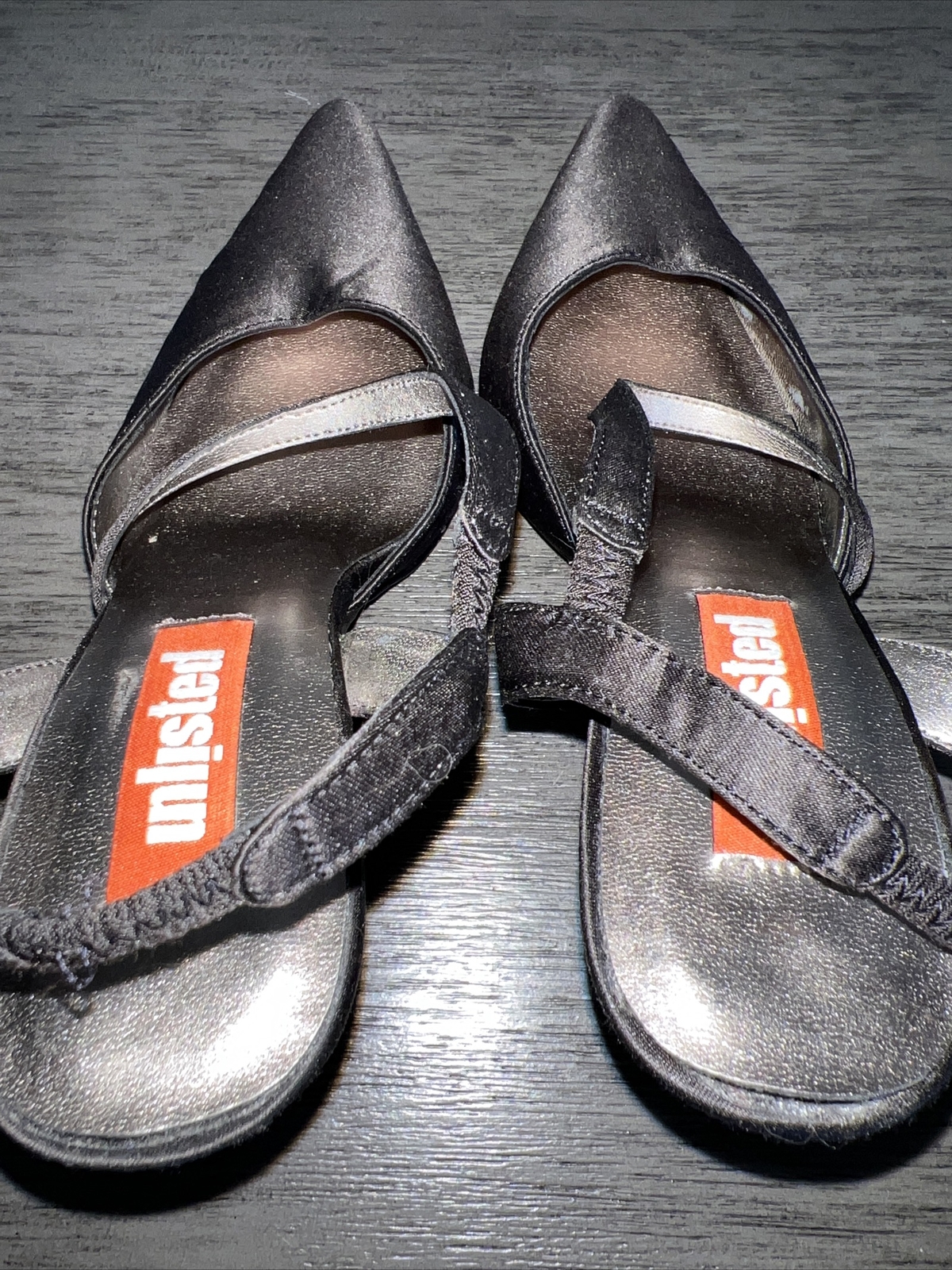 UNLISTED by KENNETH COLE Black Satin SLINGBACK HEELS Size Not Marked 7 to 7 1/2