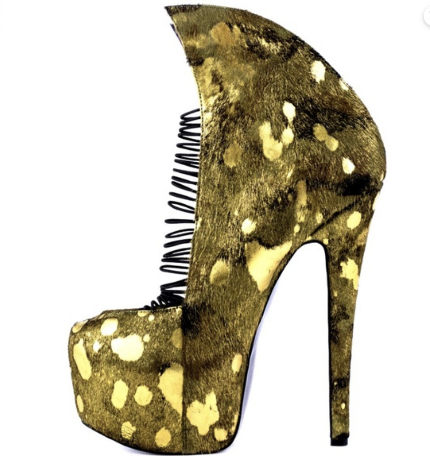 LONDON TRASH CRIME CAMO NEW $229 8.5 GREEN GOLD LEATHER 6″ HEEL PLATFORM PUMPS