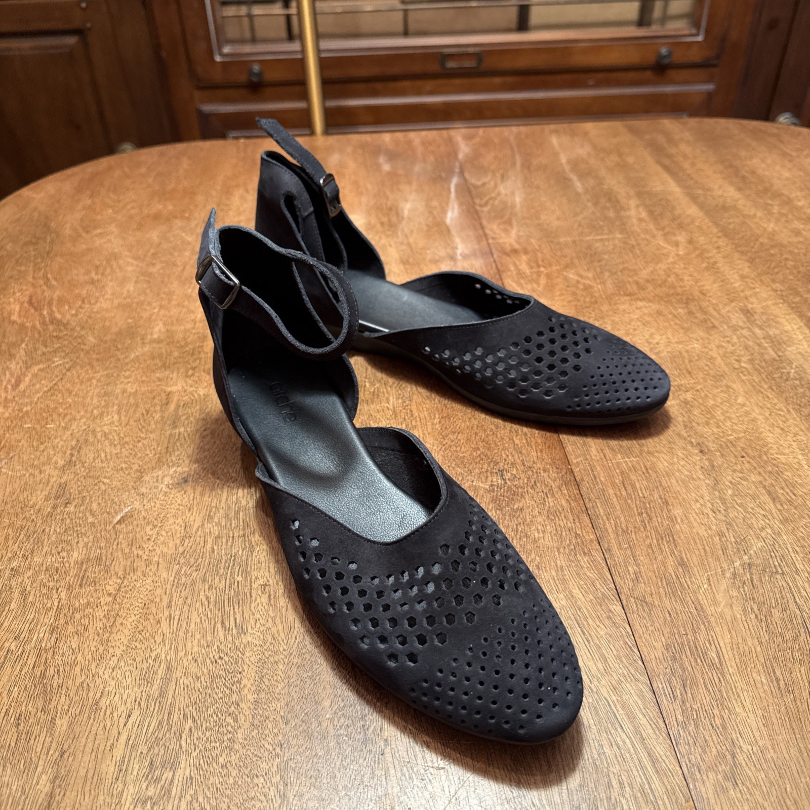ARCHE Black Cut Out Leather Micro Suede Flats Ankle Strap France EU 42 US 10