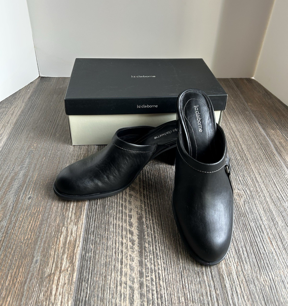 NIB Vintage Liz Claiborne «Wheeler» Sz 8M Black Leather Slip On Mule 2.5 » Heel