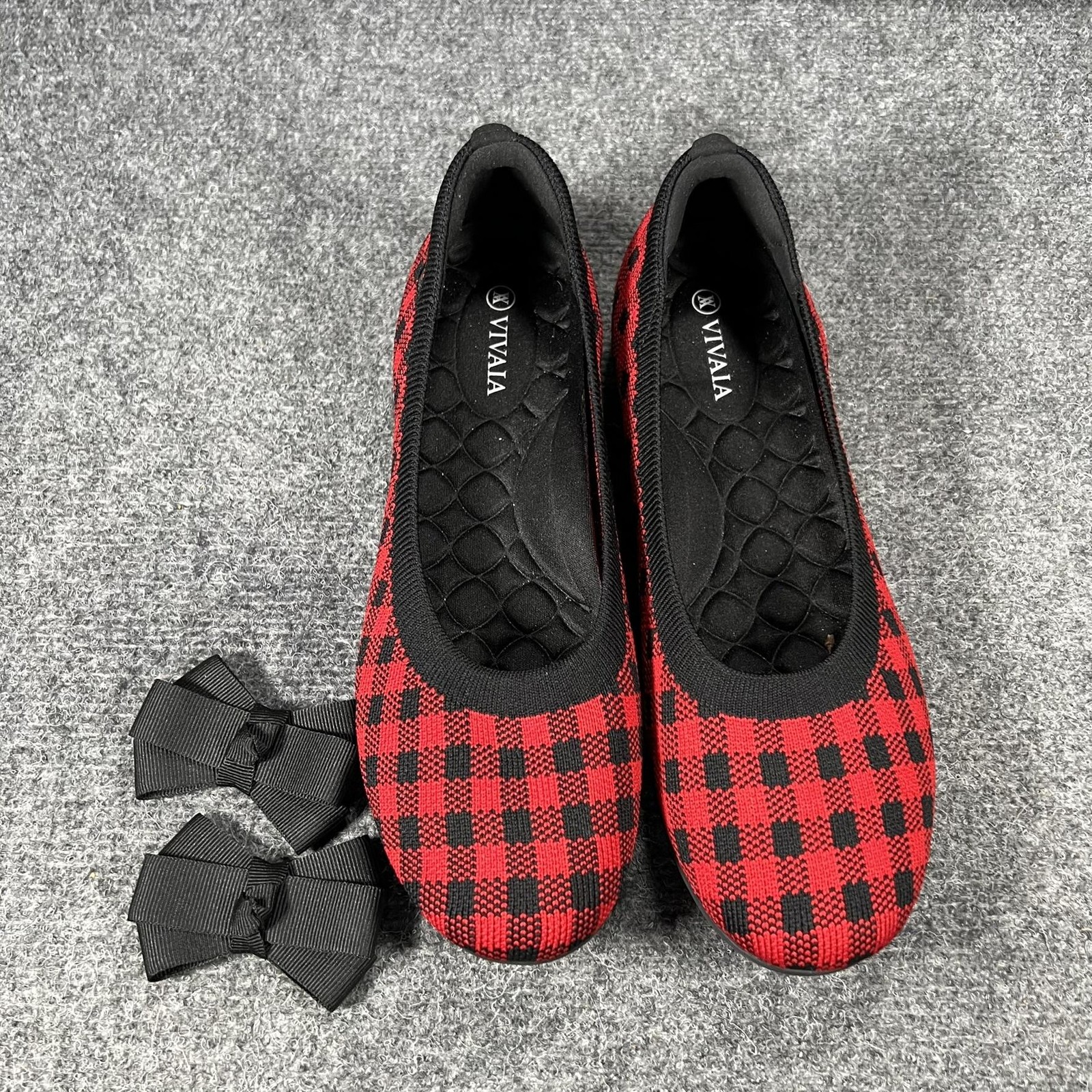Vivaia Shoes Womens Size 9.5 Red Plaid Knit Ballet Flats Bow Eco Friendly