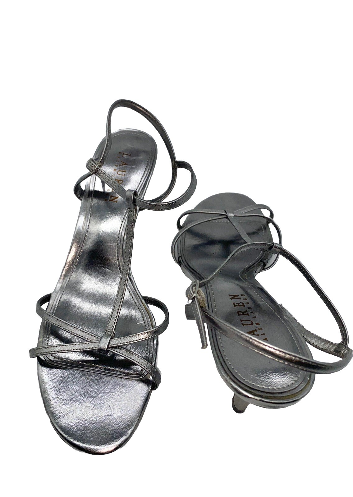 Ralph Lauren Shoes Nyah Metallic Silver Stappy Buckle OpenToe Heels Size 8B Read
