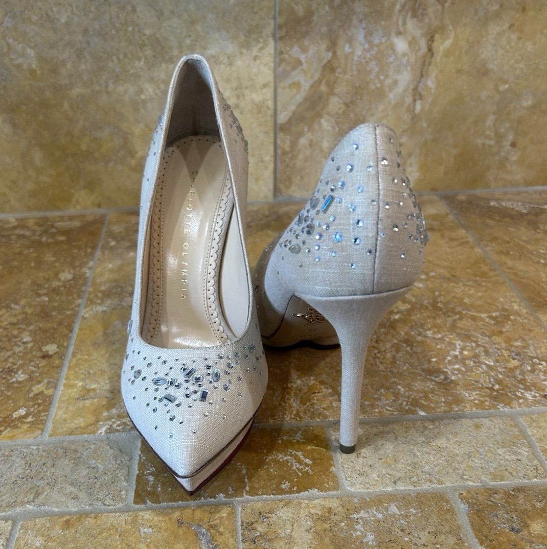 Charlotte Olympia Ivory Rhinestone Pointed Toe Stiletto Pumps Slip On 4.5
