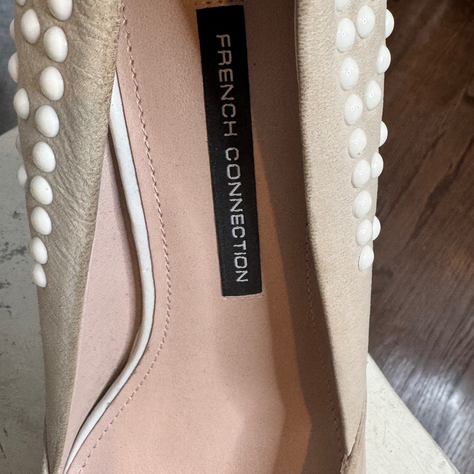French Connection Pointed Toe Beige Studded Heels Stilletto Pumps Size 9.5W