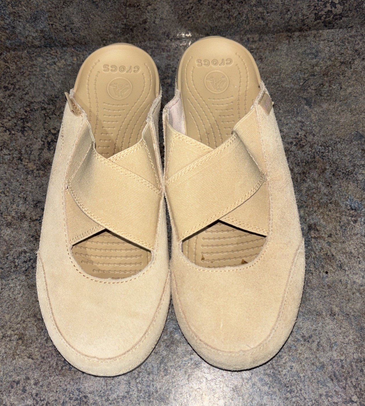 Crocs Edie Tan Chai Suede Croslite Sandal Slide Mule Woman Sz 9 Excellent Cond