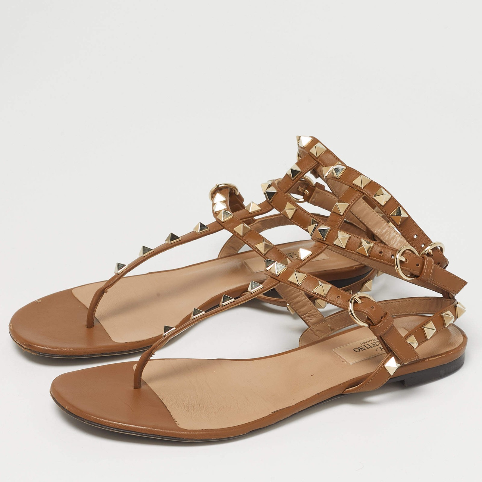 Valentino Brown Leather Rockstud Ankle Strap Thong Sandals Size 36.5