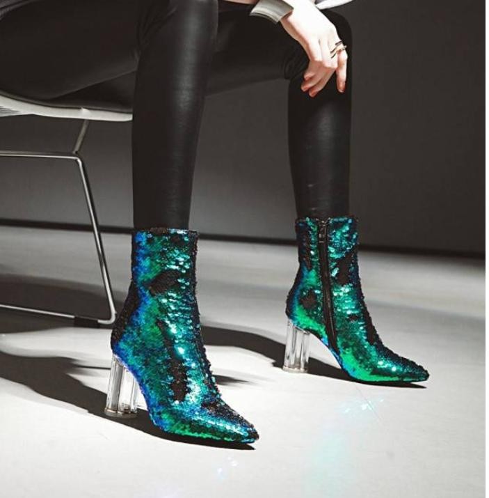Womens Sequin High Heel Pointed Toe Zip Ankle Boots Casual Prom Club Party Shoes
