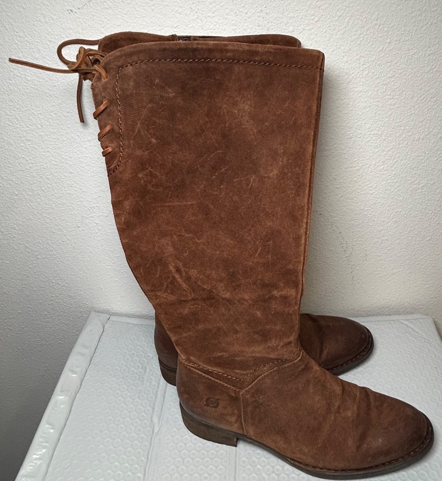 Born Hayden Tall Riding Boots Womens 8 Rust Tobacco Distressed Leather Lace Zip