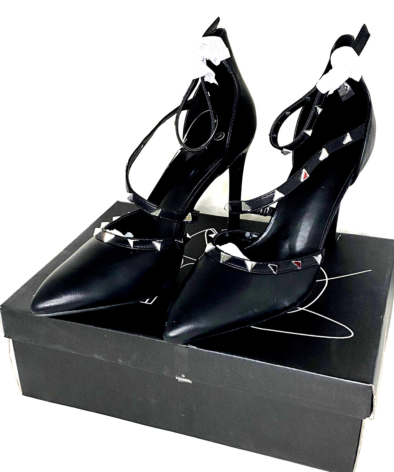 Mysoft Pointed Toe Studded Ankle Strap Stiletto Heel Pumps Black Size 9
