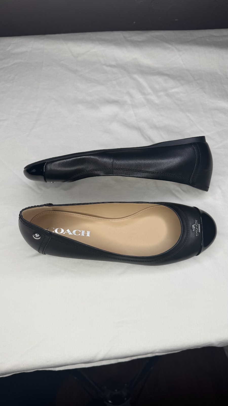 Coach Chelsea Ballet Flats Black Matte Calf Patent Cap Toe Leather Women’s Size